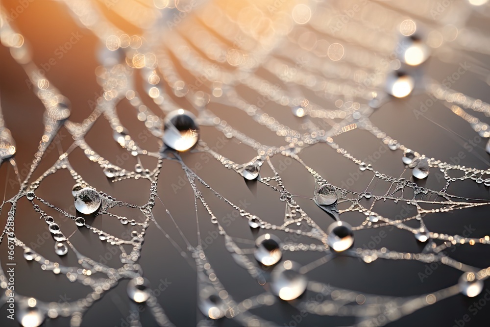 Poster a close up of water droplets on a spider web pattern. generative ai
