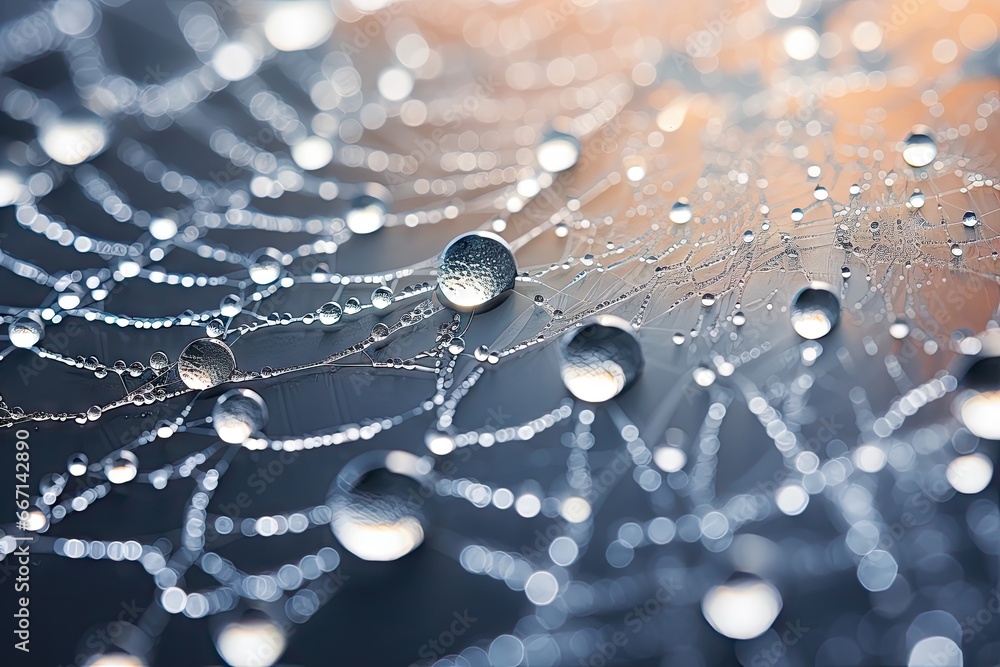 Poster a close up of a spider web with water drops on it. generative ai