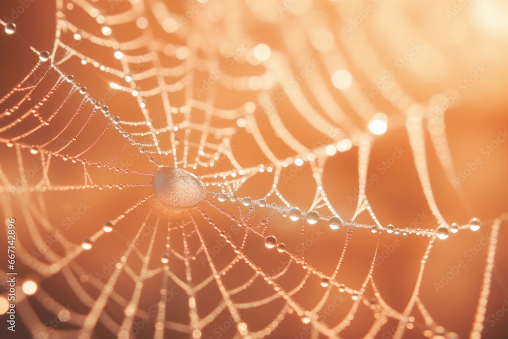 Poster a close up of a spider web with water droplets on it. generative ai