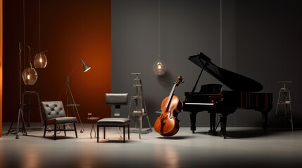  Appropriately furnished room ready for a piano and cello concert  - obrazy, fototapety, plakaty