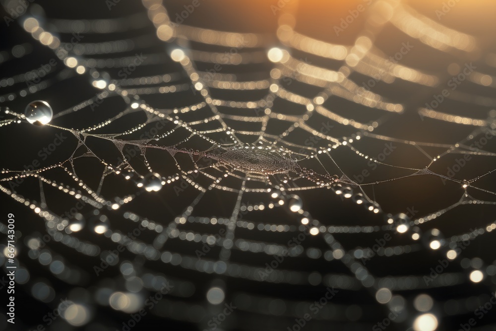 Aufkleber a close up of a spider web with drops of water on it. generative ai