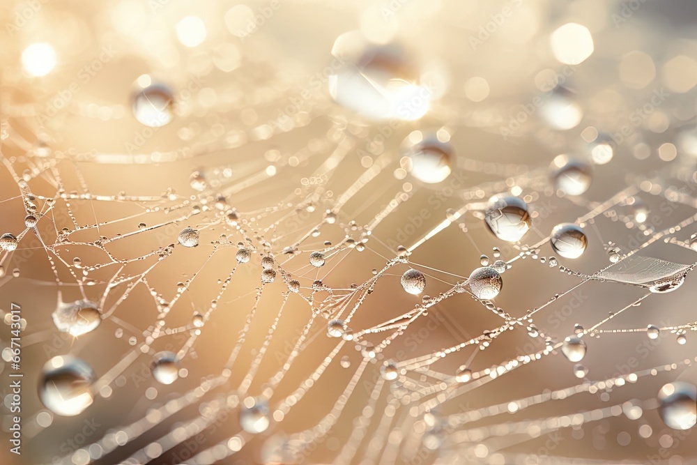 Poster a close up of a spider web with water drops on it. generative ai