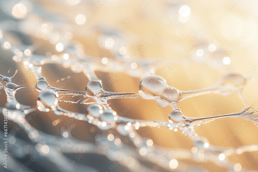 Poster a close up of water droplets on a branch of a tree. generative ai