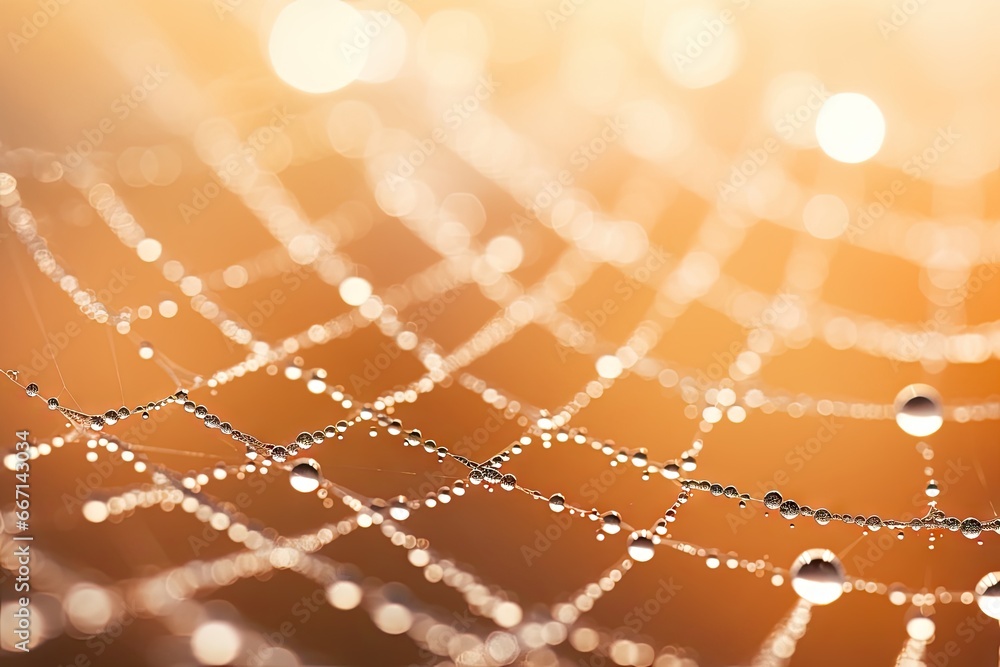 Poster a close up of a spider web with water drops on it. generative ai