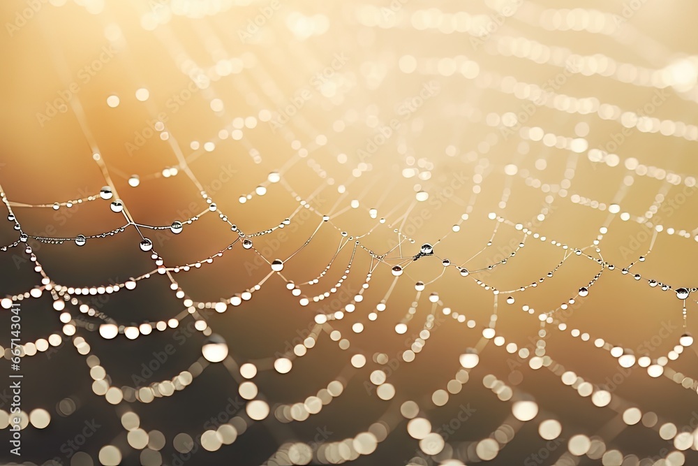 Poster a close up of a spider web with drops of water on it. generative ai