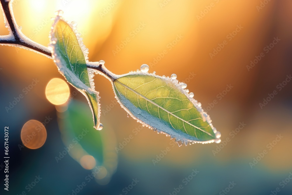 Poster a close up of a green leaf on a tree branch. generative ai