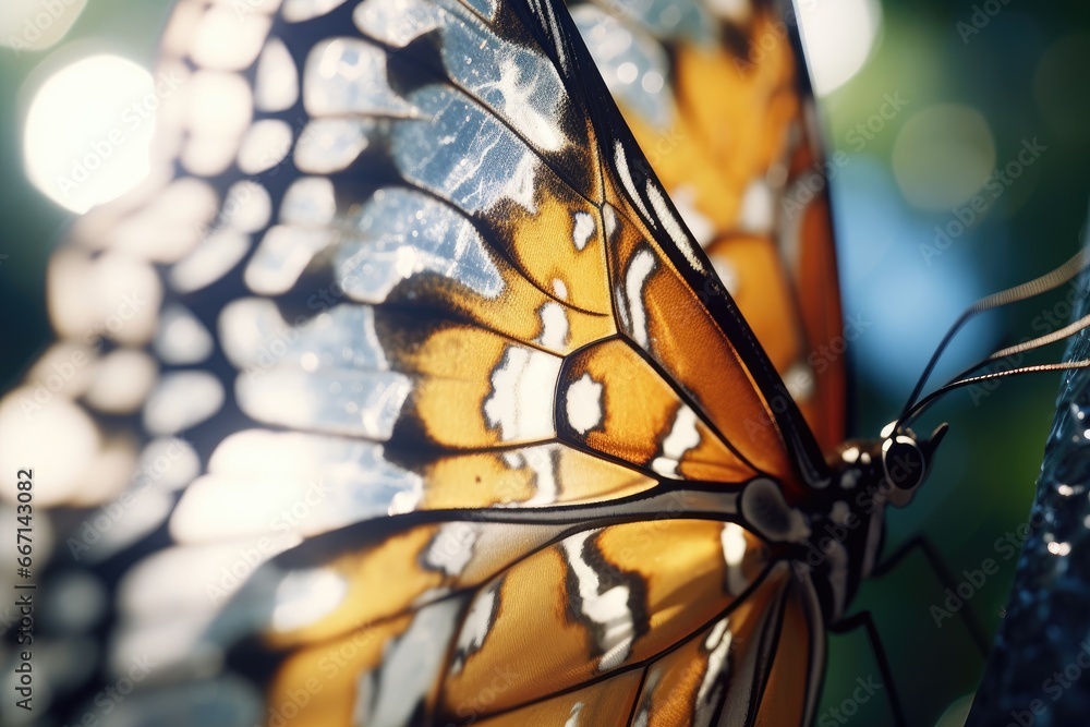 Poster a close up of a butterfly on a tree branch with a blurry background. generative ai