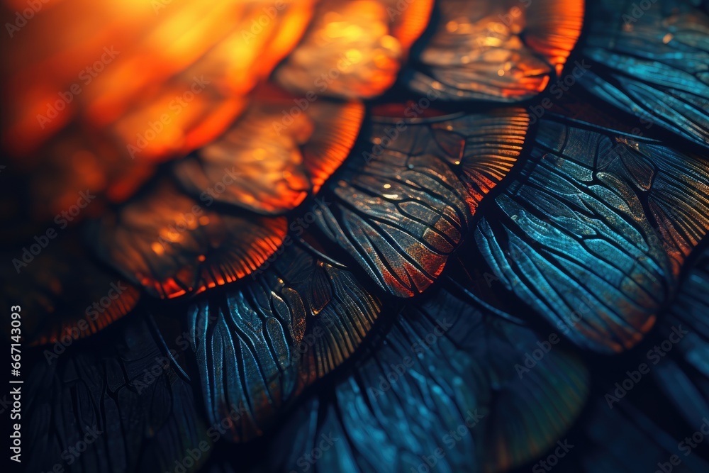 Poster a close up of a colorful bird's feathers feathers. generative ai