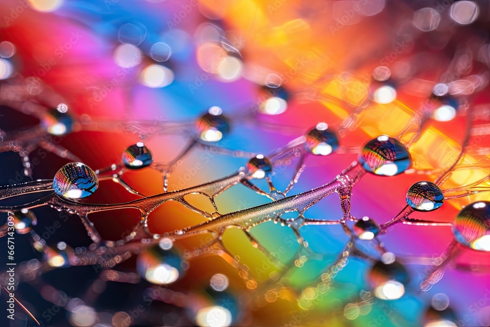 Poster a close up of water droplets on a colorful surface with a rainbow in the background. generative ai
