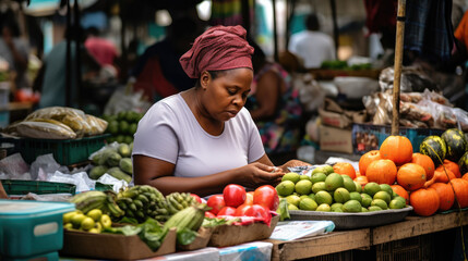 Vendeuse africaine de fruits et légumes au marché - obrazy, fototapety, plakaty