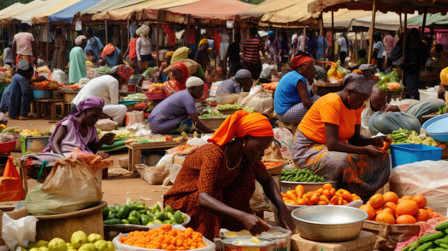 Vendeuses de fruits et l&eacute;gumes dans un march&eacute; en Afrique