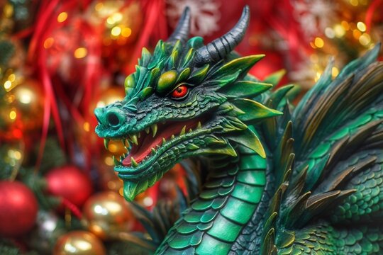 Colorful dragon statue on Christmas tree background, close-up.