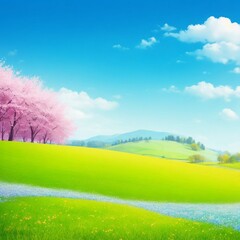 Fototapeta na wymiar landscape with blue sky and green grass