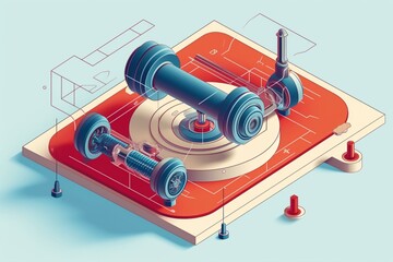 Isometric illustration showing von Mises stress on a car suspension hub with a scale, based on an engineering technical drawing. Generative AI - obrazy, fototapety, plakaty