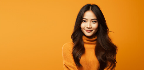 studio portrait of happy asian woman in orange sweater on orange background, advertising,promotion,halloween,thanksgiving,autumn etc