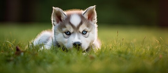 Adorable husky pup playing in the grass