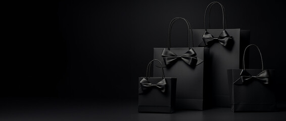 Black Friday concept. Black paper bags with bows on black background with place for text
