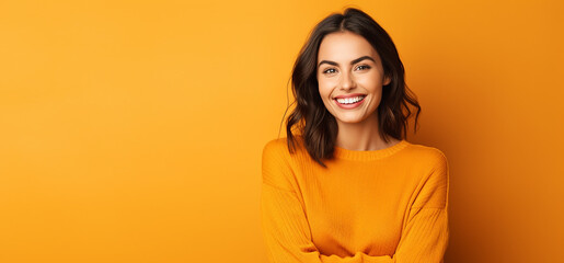 autumn banner with cute smiling model woman against orange background. thanksgiving banner with...
