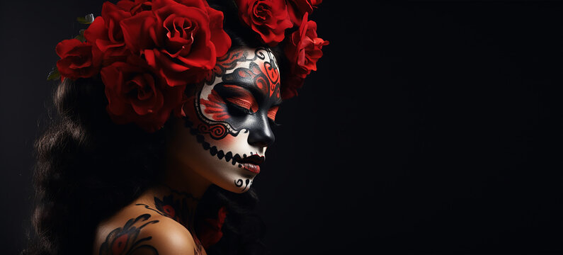 Creative image of Sugar Skull. makeup for Halloween or Dia De Mertos holiday.banner with place for text