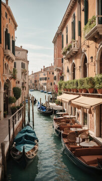 Romantic Venetian canal-side cafe with gondolas, outdoor seating, and views of the waterways.