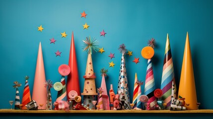 An artistic arrangement of New Year's party hats and noise makers, set against a colorful backdrop, creating a festive vibe.