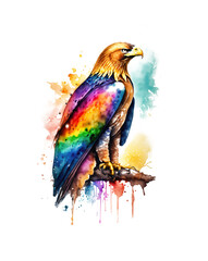 Tiere und natürliche Arten Vielfalt in ihrer Schönheit: Adler in regenbogen bunten Wasserfarben mit Spritzern und Kleksen vor einem weißen Hintergrund als Vorlage und kunstvolle Gestaltung Elemente
