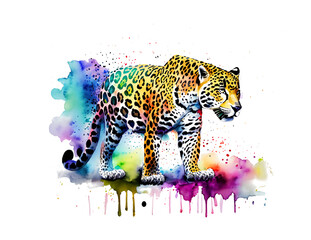 Jaguar in regenbogen bunten Wasserfarben mit Spritzern und Kleksen vor einem weißen Hintergrund als Vorlage und kunstvolle Gestaltung Elemente - obrazy, fototapety, plakaty