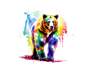 Tiere und natürliche Arten Vielfalt in ihrer Schönheit: Grizzly in regenbogen bunten Wasserfarben mit Spritzern und Kleksen vor einem weißen Hintergrund als Vorlage und kunstvolle Gestaltung Elemente - obrazy, fototapety, plakaty