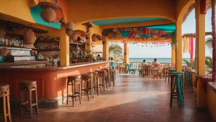 Fototapeta na wymiar Vibrant beachside cantina in Mexico with colorful decor, mariachi music, and ocean views.