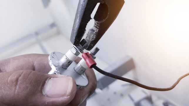 The process of tightening the heater element terminals using combination pliers when repairing chicken hatching machine heaters.