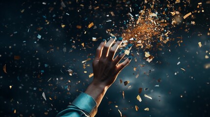 Close-up of hands releasing a confetti cannon, launching celebrations into the New Year with a bang. - obrazy, fototapety, plakaty