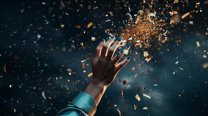 Rolgordijnen Close-up of hands releasing a confetti cannon, launching celebrations into the New Year with a bang. © Fahad