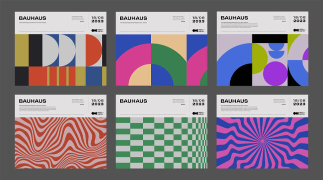Minimal Bauhaus Abstract Posters Set. Swiss Design composition with geometric shapes. Modern pattern. Optical Illusion Background.