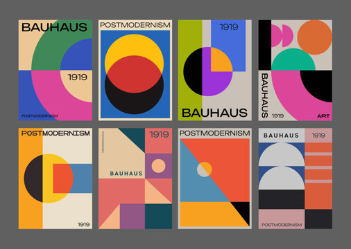 Set of Bauhaus Geometric Posters. Swiss Design Backgrounds. Abstract Geometrical Book Covers. Cool Minimal Placards.