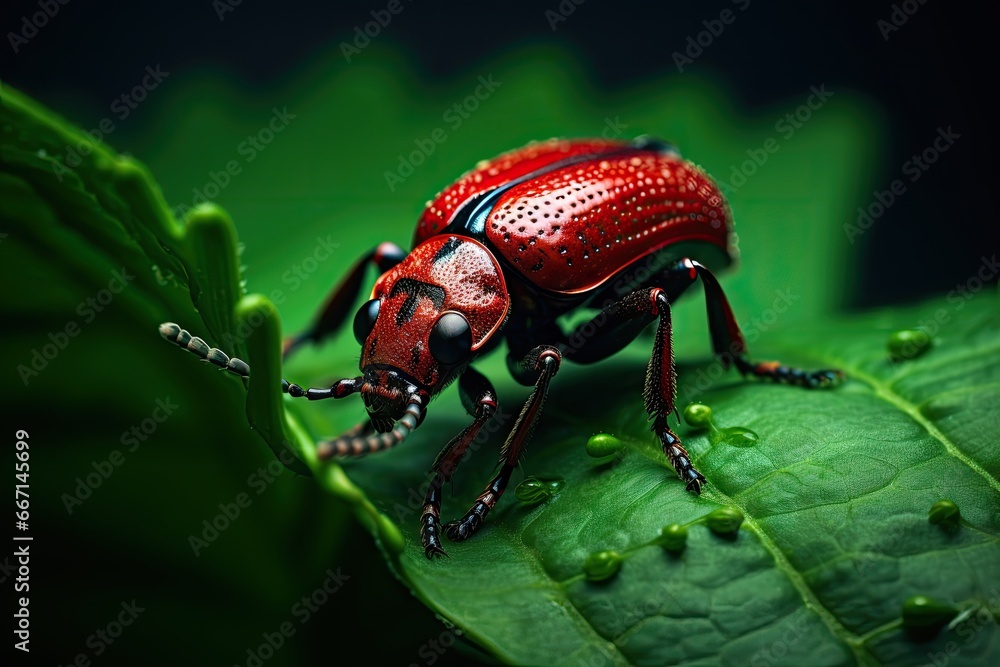 Poster a close up of a red bug on a green leaf. generative ai