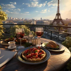 Foto op Canvas a plate of delicious food and a glass of fine red wine, with Eiffel tower  © wpw