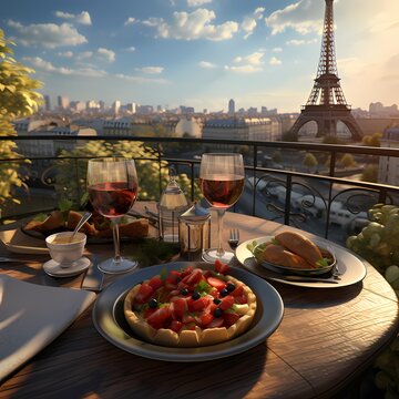 a plate of delicious food and a glass of fine red wine, with Eiffel tower 