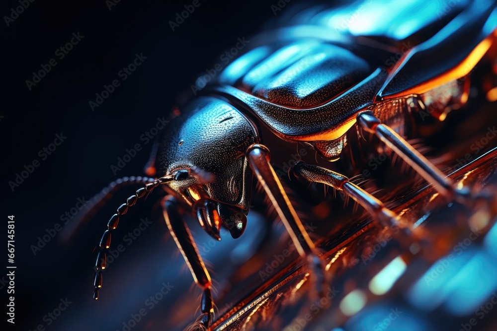 Poster a close up of a bug on top of a computer keyboard. generative ai