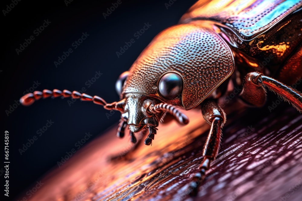 Aufkleber a close up of a bug on a wooden surface with a black background. generative ai