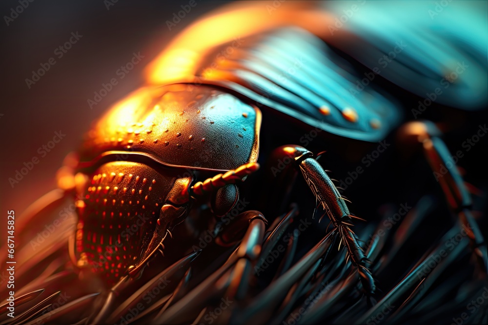 Poster a close up of a bug on a black background with orange and blue highlights. generative ai