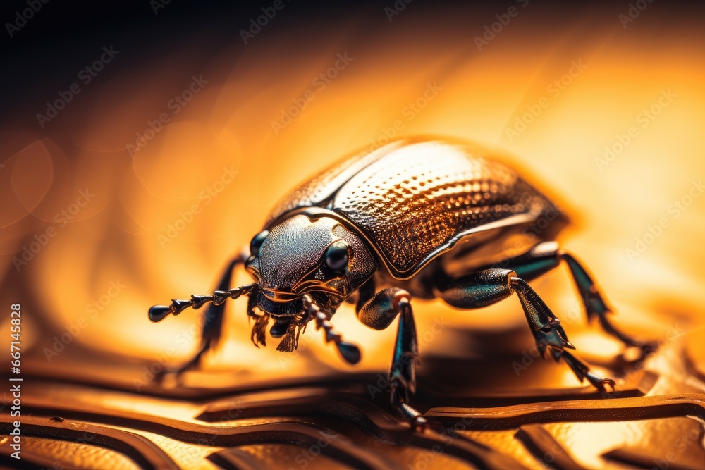 Poster a close up of a bug on a surface with a blurry background. generative ai