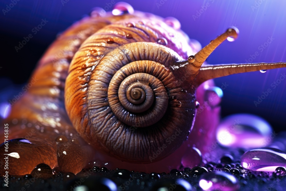 Poster a close up of a snail with drops of water on it. generative ai