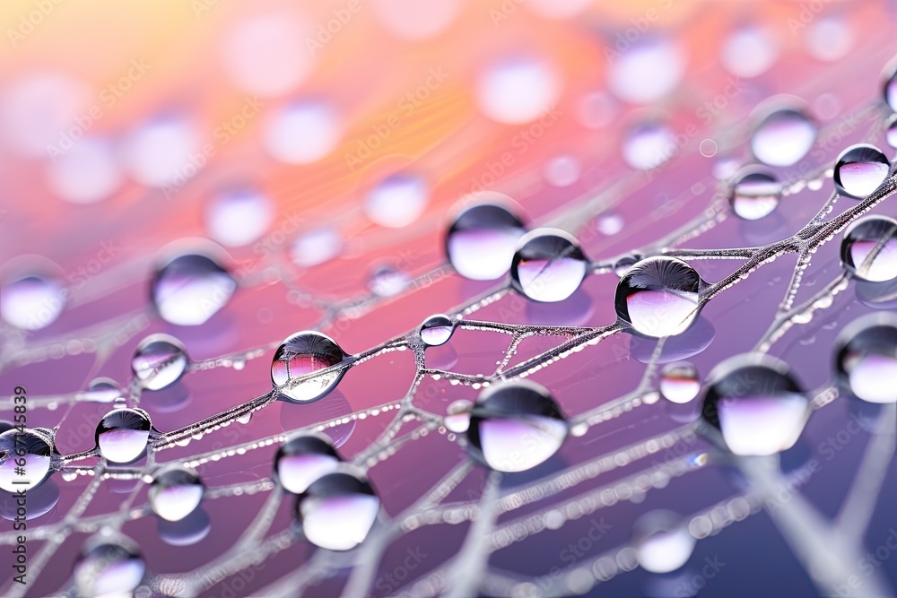 Poster a close up of water droplets on a spider web web. generative ai
