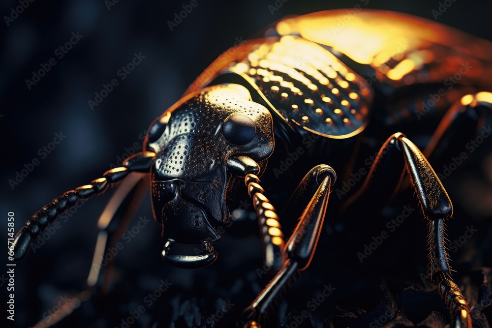 Poster a close up of a bug on a black surface with a yellow light. generative ai