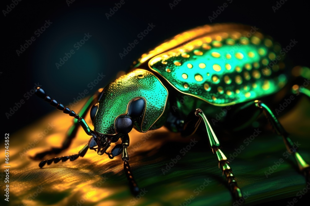 Poster a close up of a green bug on a black background. generative ai