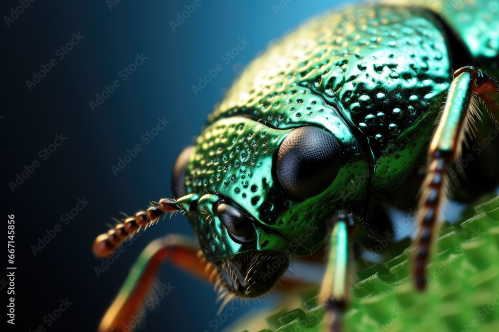 Poster a close up of a green bug on a green surface. generative ai