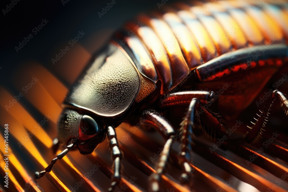 Poster a close up of a bug on a metal surface with a blurry background. generative ai