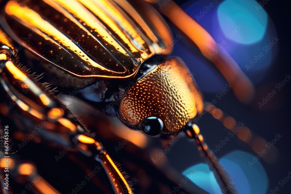 Poster a close up of a bug on a dark background with lights. generative ai