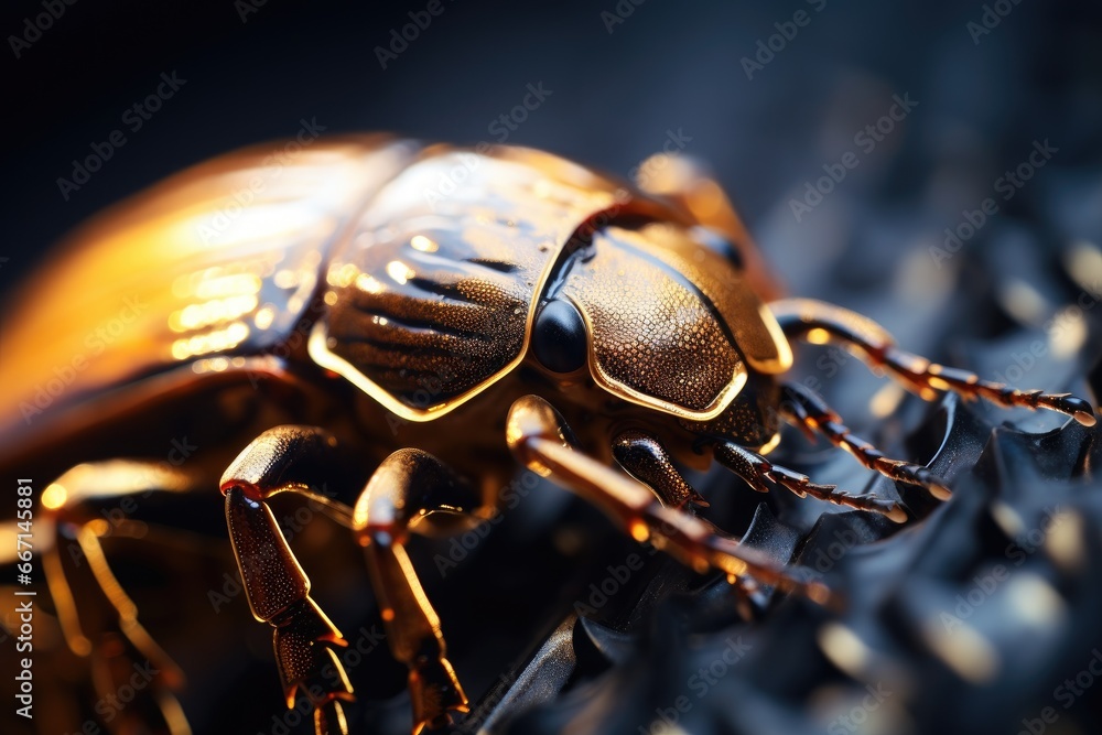 Poster a close up of a bug on a metal surface with a black background. generative ai