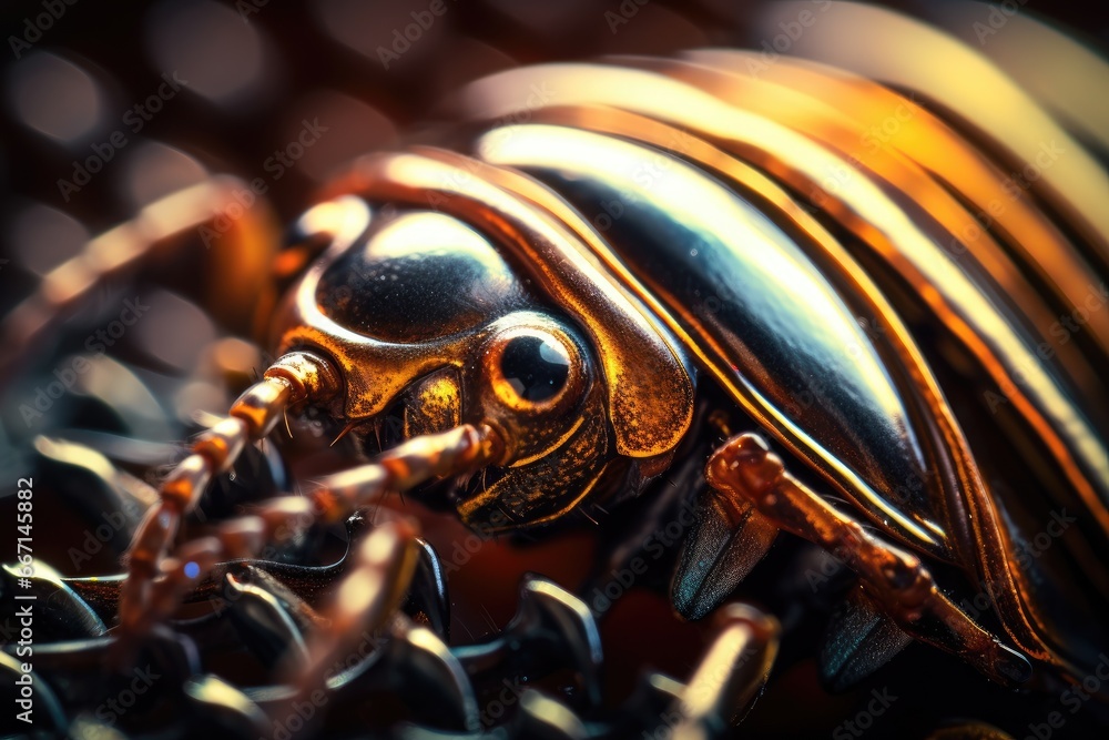 Poster a close up of a bug on a chain link fence. generative ai